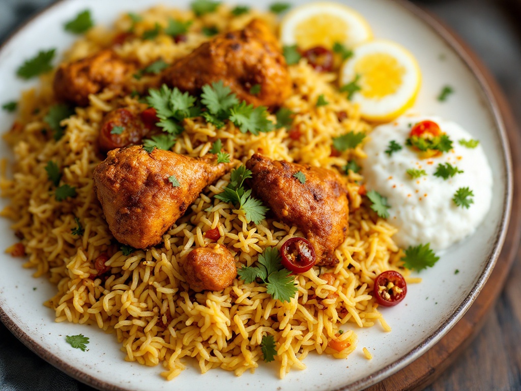 Hyderabadi Chicken Dum Biryani with Raita and Mirchi ka Salan