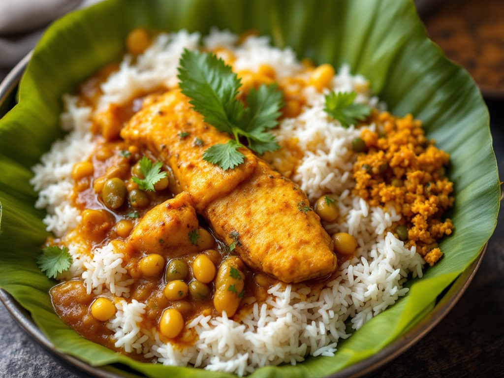 Fish Curry with Steamed Rice and Beans Poriyal