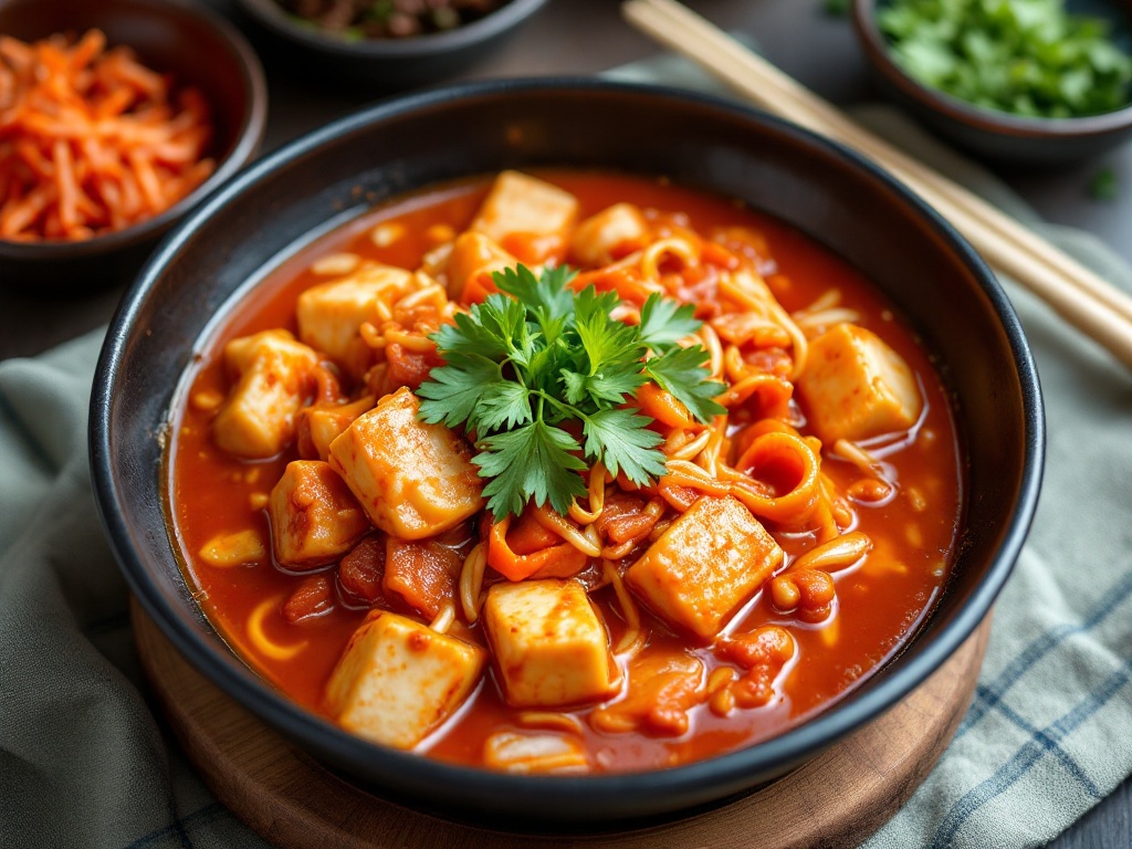 Korean Kimchi Jjigae with Tofu, Rice and Gyeran Mari